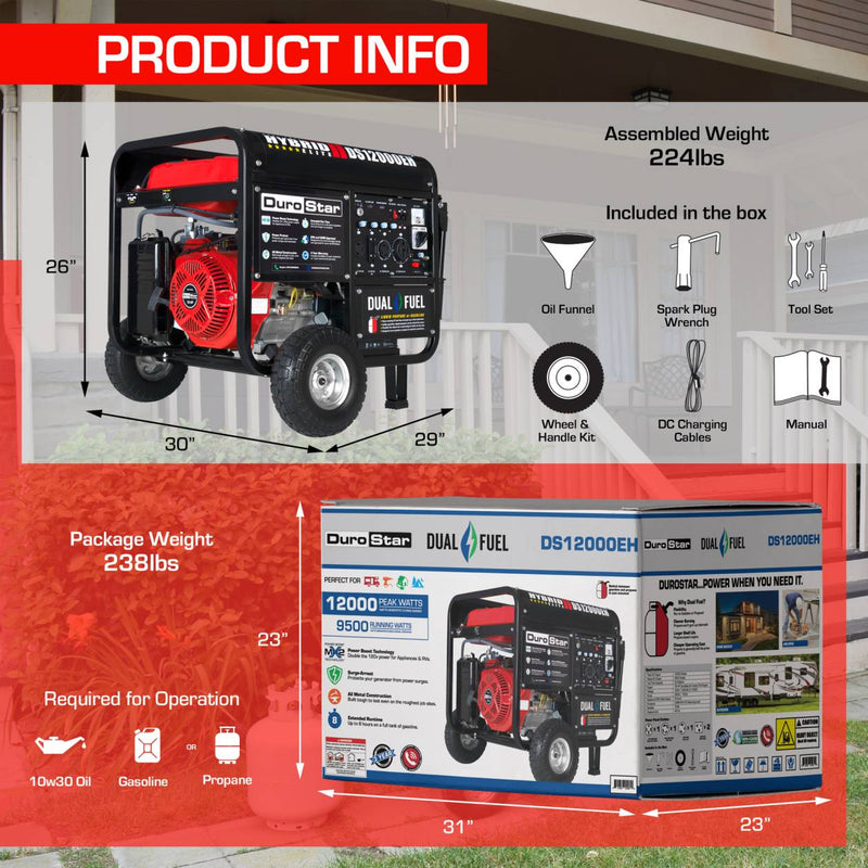 DuroStar DS12000EH 12,000 Watt Dual Fuel Hybrid Generator (Grade A Refurbished)