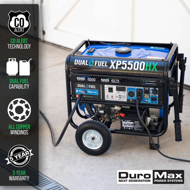 DuroMax XP5500HX 5,500 Watt 7.5 HP Dual Fuel Portable Generator With CO Alert 50- States (Grade A Refurbished)