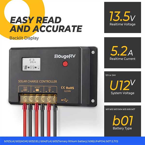 BougeRV Li 30Amp 12V/24V PWM Solar Charge Controller (Negative Ground)